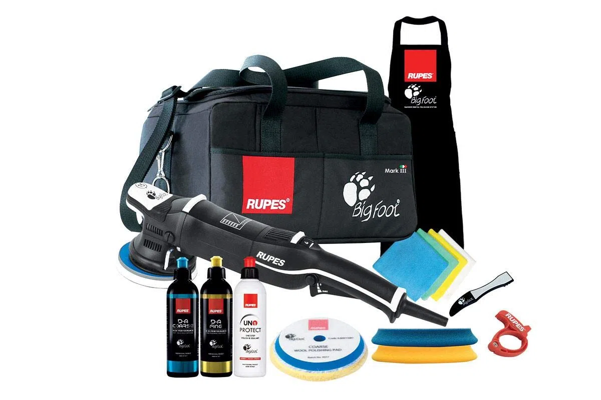 RUPES Random Bigfoot LHR15III/LUX-R Exzenterpolierer, 125 mm, luxuriöses Set mit grober und feiner Verbindung und passenden Pads UNO Protect Politur und Dichtstoff in BigFoot Werkzeugtasche mit